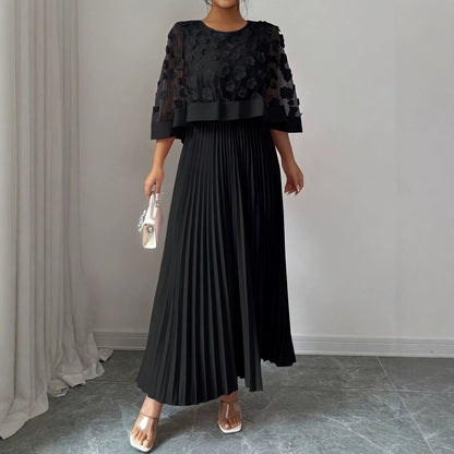 Patchwork Mesh Dress For Women With Round Neck, Vacation Style In Polyester Fabric, Perfect For Travel