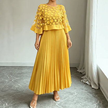 Patchwork Mesh Dress For Women With Round Neck, Vacation Style In Polyester Fabric, Perfect For Travel