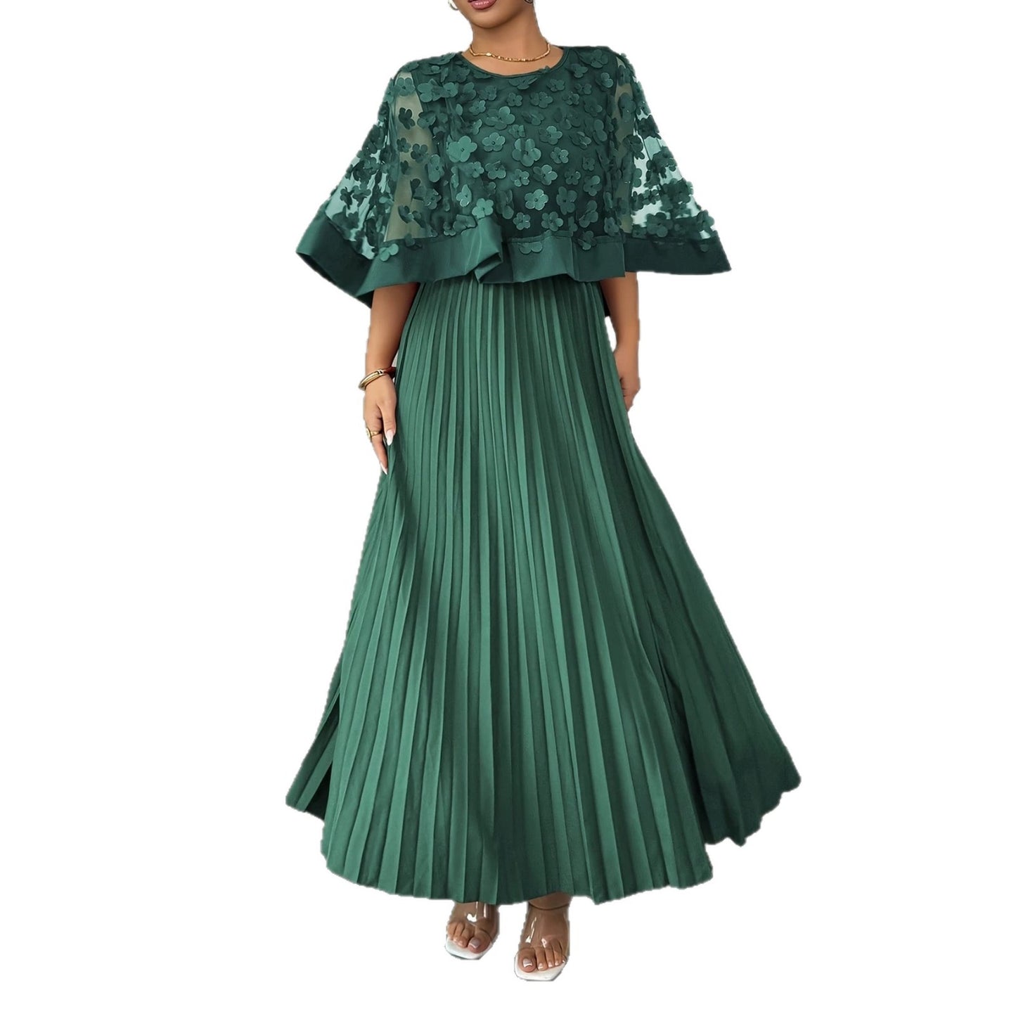 Patchwork Mesh Dress For Women With Round Neck, Vacation Style In Polyester Fabric, Perfect For Travel