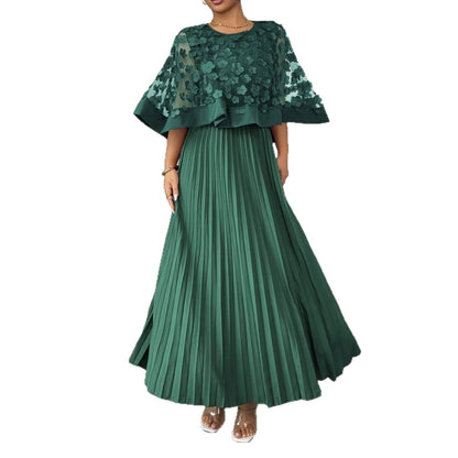 Patchwork Mesh Dress For Women With Round Neck, Vacation Style In Polyester Fabric, Perfect For Travel