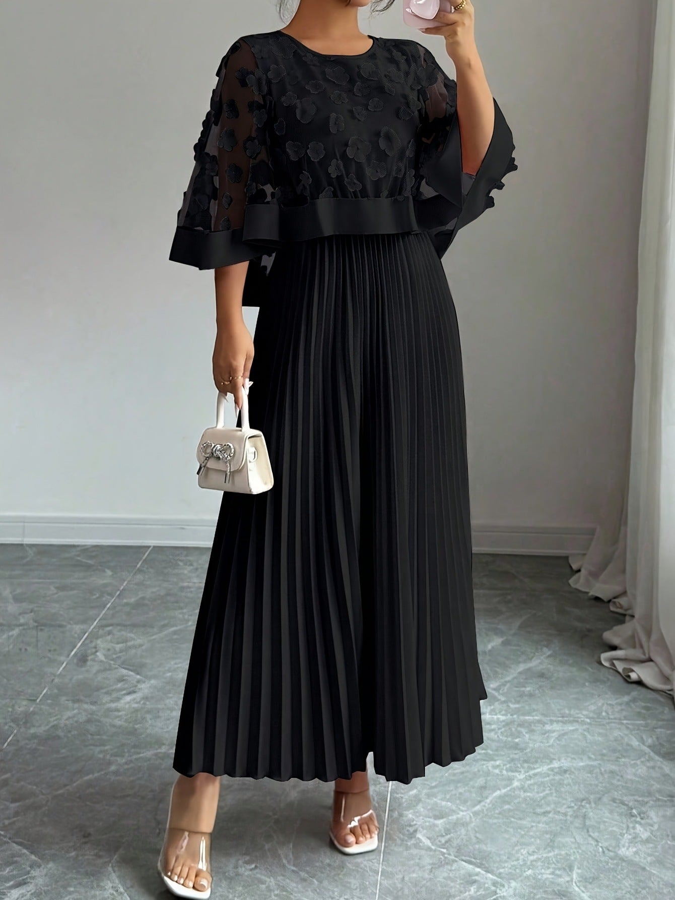 Patchwork Mesh Dress For Women With Round Neck, Vacation Style In Polyester Fabric, Perfect For Travel