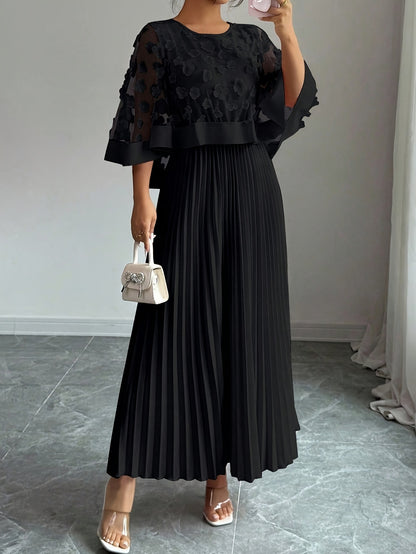 Patchwork Mesh Dress For Women With Round Neck, Vacation Style In Polyester Fabric, Perfect For Travel