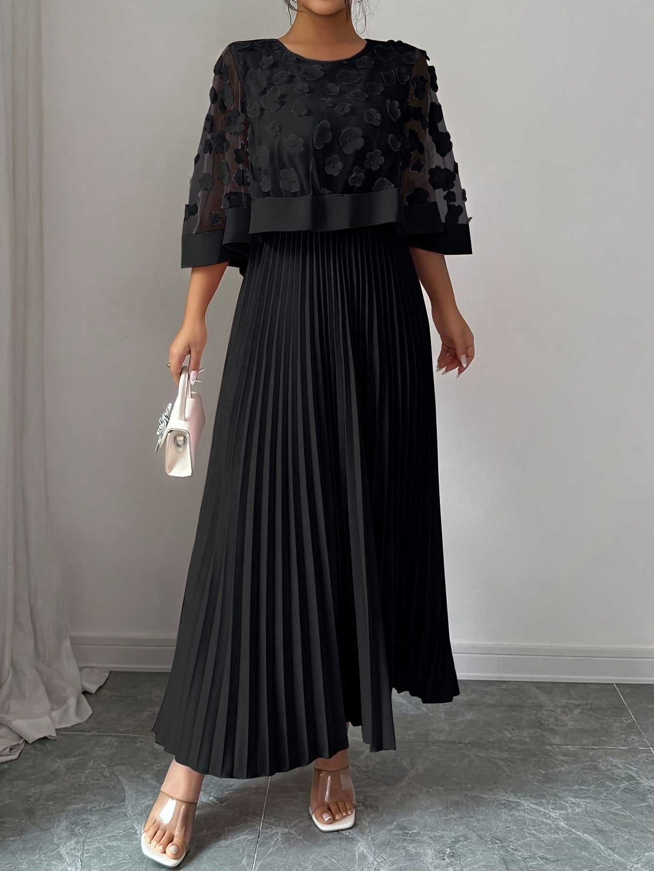 Patchwork Mesh Dress For Women With Round Neck, Vacation Style In Polyester Fabric, Perfect For Travel