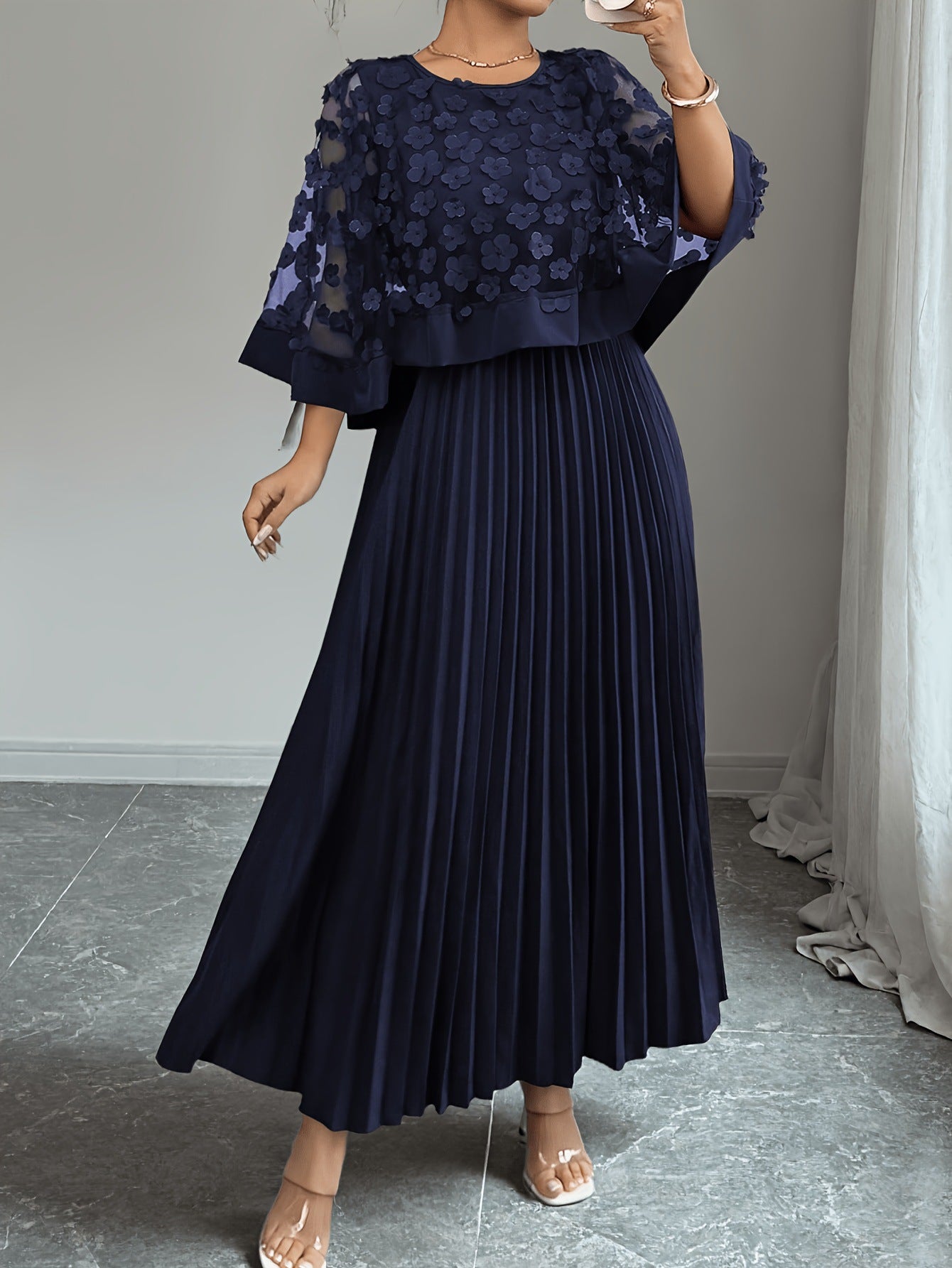 Patchwork Mesh Dress For Women With Round Neck, Vacation Style In Polyester Fabric, Perfect For Travel