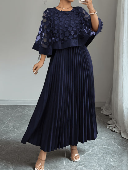 Patchwork Mesh Dress For Women With Round Neck, Vacation Style In Polyester Fabric, Perfect For Travel