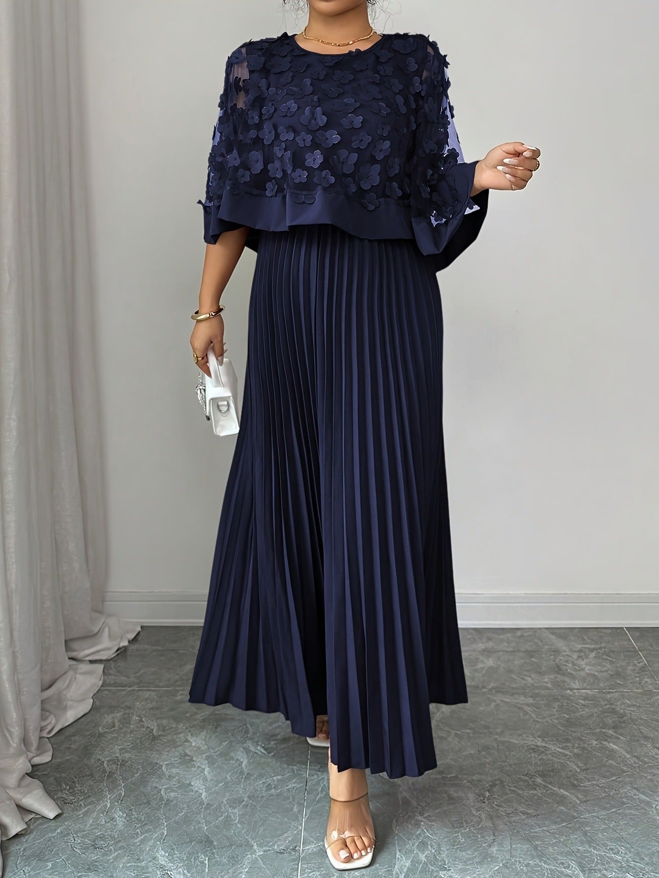 Patchwork Mesh Dress For Women With Round Neck, Vacation Style In Polyester Fabric, Perfect For Travel