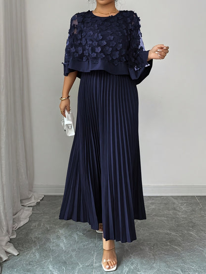 Patchwork Mesh Dress For Women With Round Neck, Vacation Style In Polyester Fabric, Perfect For Travel