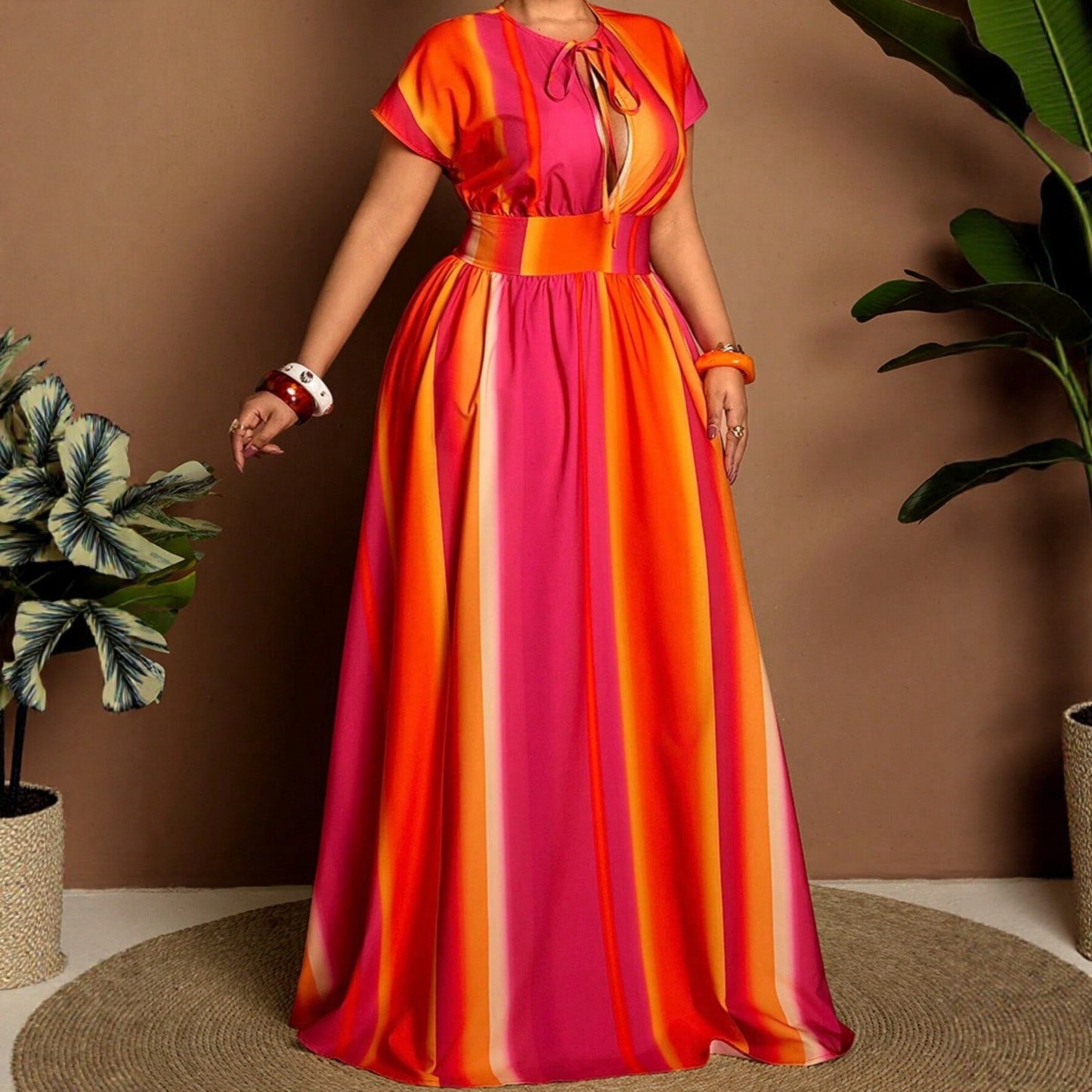 Women's Casual Stripe Round Neck Regular Dress In Polyester, Perfect For Vacation And Everyday Wear