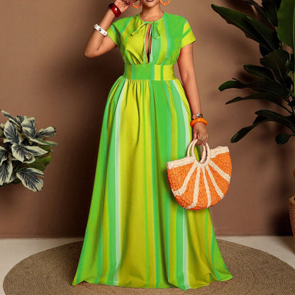 Women's Casual Stripe Round Neck Regular Dress In Polyester, Perfect For Vacation And Everyday Wear