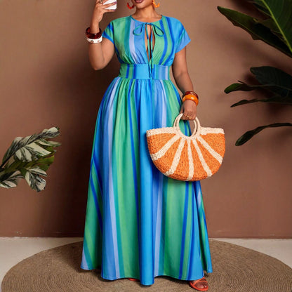 Women's Casual Stripe Round Neck Regular Dress In Polyester, Perfect For Vacation And Everyday Wear