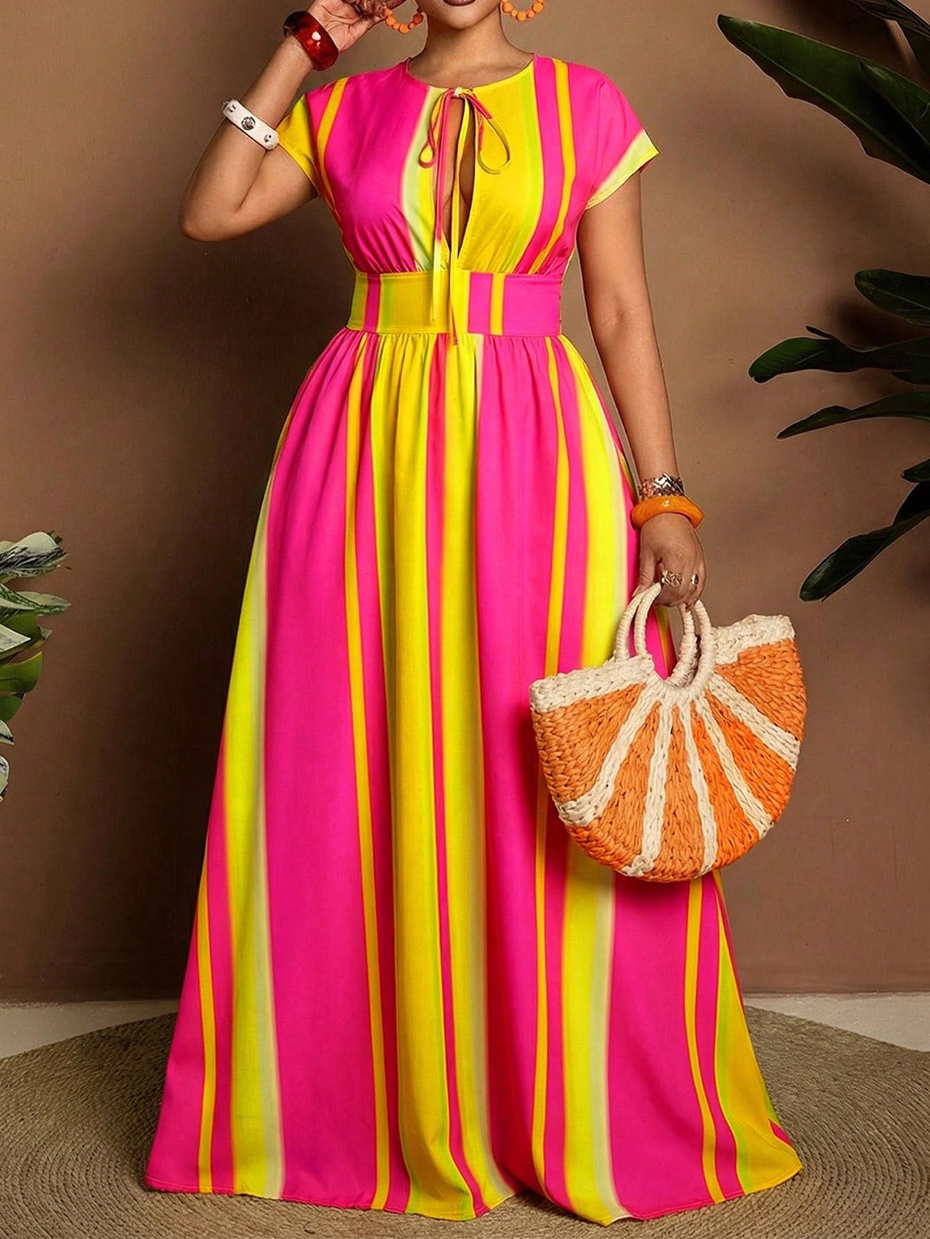 Women's Casual Stripe Round Neck Regular Dress In Polyester, Perfect For Vacation And Everyday Wear