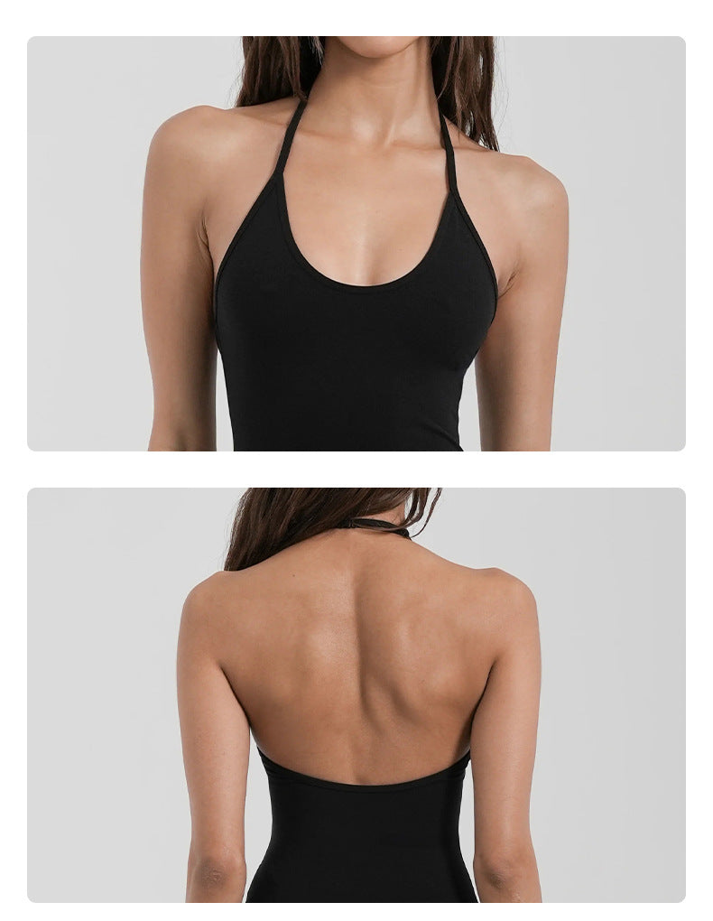 Sport Yoga Shorts For Women In High Elasticity Nylon Fabric Featuring Backless Design And Sleeveless Style