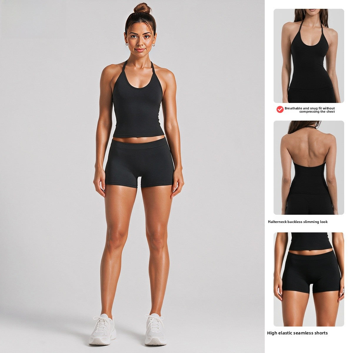 Sport Yoga Shorts For Women In High Elasticity Nylon Fabric Featuring Backless Design And Sleeveless Style