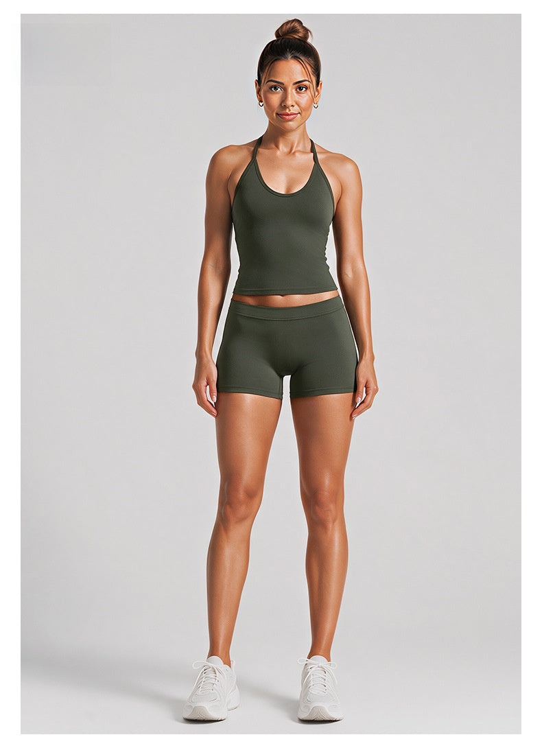 Sport Yoga Shorts For Women In High Elasticity Nylon Fabric Featuring Backless Design And Sleeveless Style