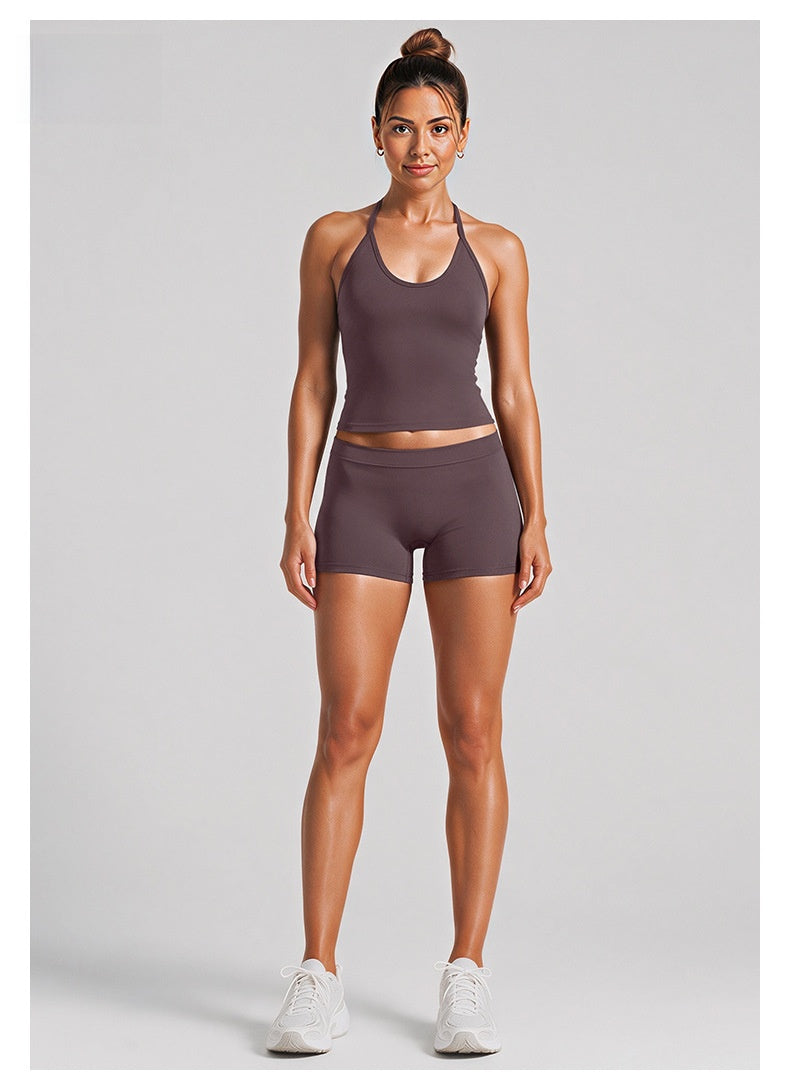 Sport Yoga Shorts For Women In High Elasticity Nylon Fabric Featuring Backless Design And Sleeveless Style