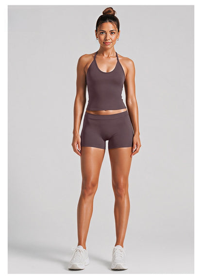 Sport Yoga Shorts For Women In High Elasticity Nylon Fabric Featuring Backless Design And Sleeveless Style