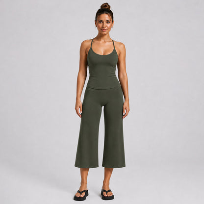 Sporty Calf-Length Yoga Jumpsuit For Women In Nylon Fabric Featuring A Backless Design And Sleeveless Style For Summer