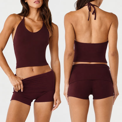 Sporty Gym Shorts For Women In Stretchy Nylon Fabric, Sleeveless Design Perfect For Summer Workouts
