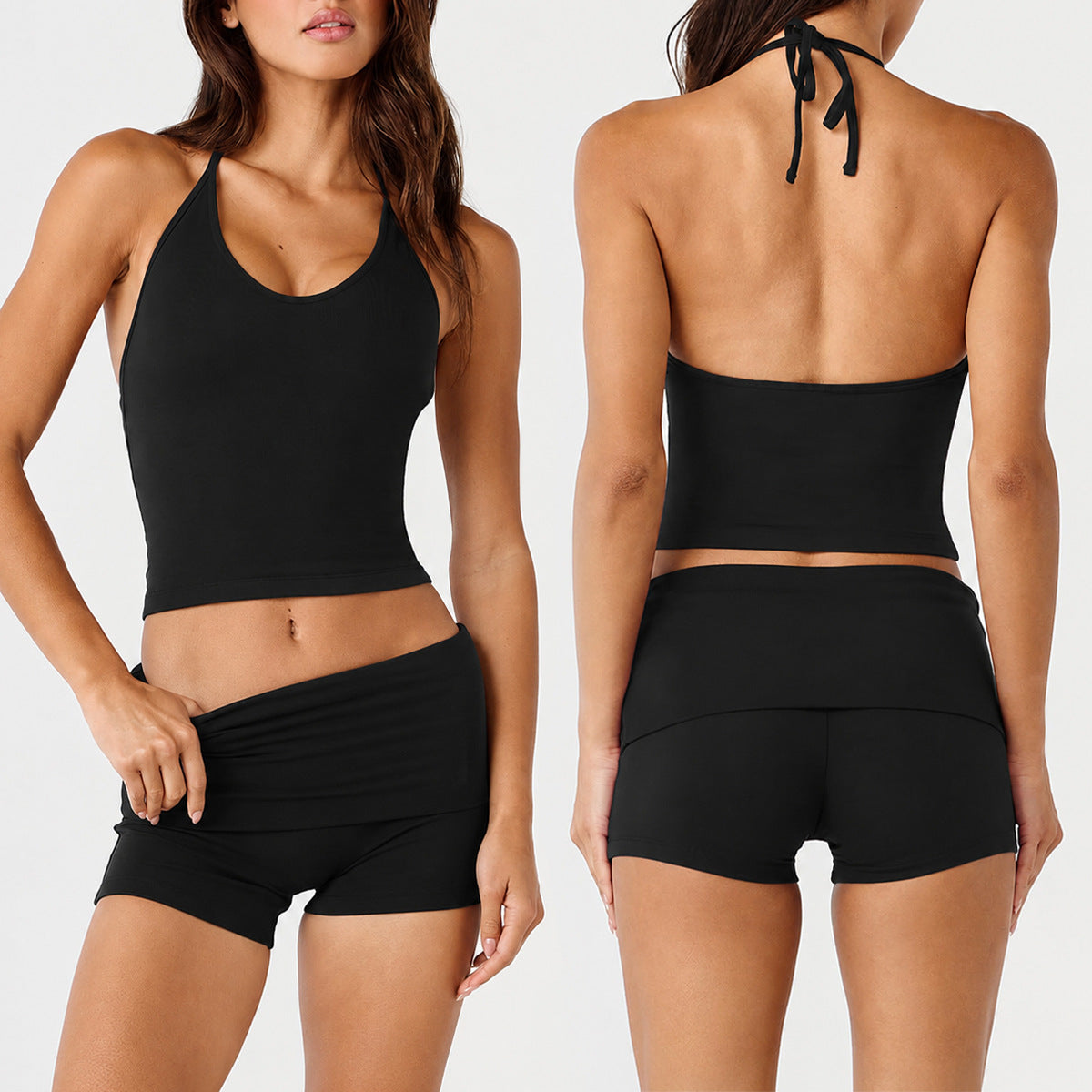 Sporty Gym Shorts For Women In Stretchy Nylon Fabric, Sleeveless Design Perfect For Summer Workouts