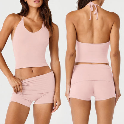 Sporty Gym Shorts For Women In Stretchy Nylon Fabric, Sleeveless Design Perfect For Summer Workouts