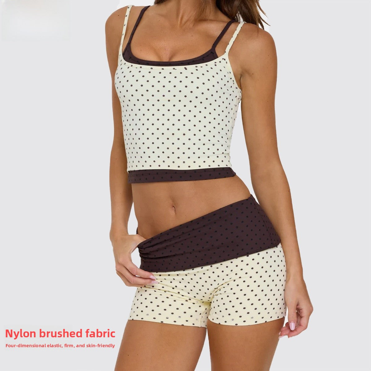 Sporty Polka Dots Yoga Shorts With Contrast Binding, Sleeveless Nylon Jumpsuit For Women