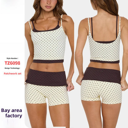 Sporty Polka Dots Yoga Shorts With Contrast Binding, Sleeveless Nylon Jumpsuit For Women