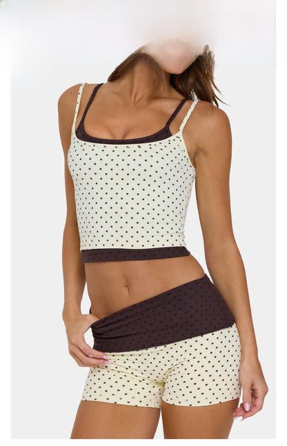 Sporty Polka Dots Yoga Shorts With Contrast Binding, Sleeveless Nylon Jumpsuit For Women