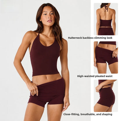 Sporty Gym Shorts For Women In Stretchy Nylon Fabric, Sleeveless Design Perfect For Summer Workouts