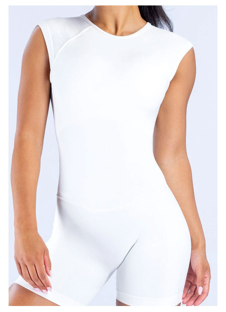 Women's Solid Color Nylon Rompers In Ivory With Short Sleeve And Pullover Design, Perfect For Yoga
