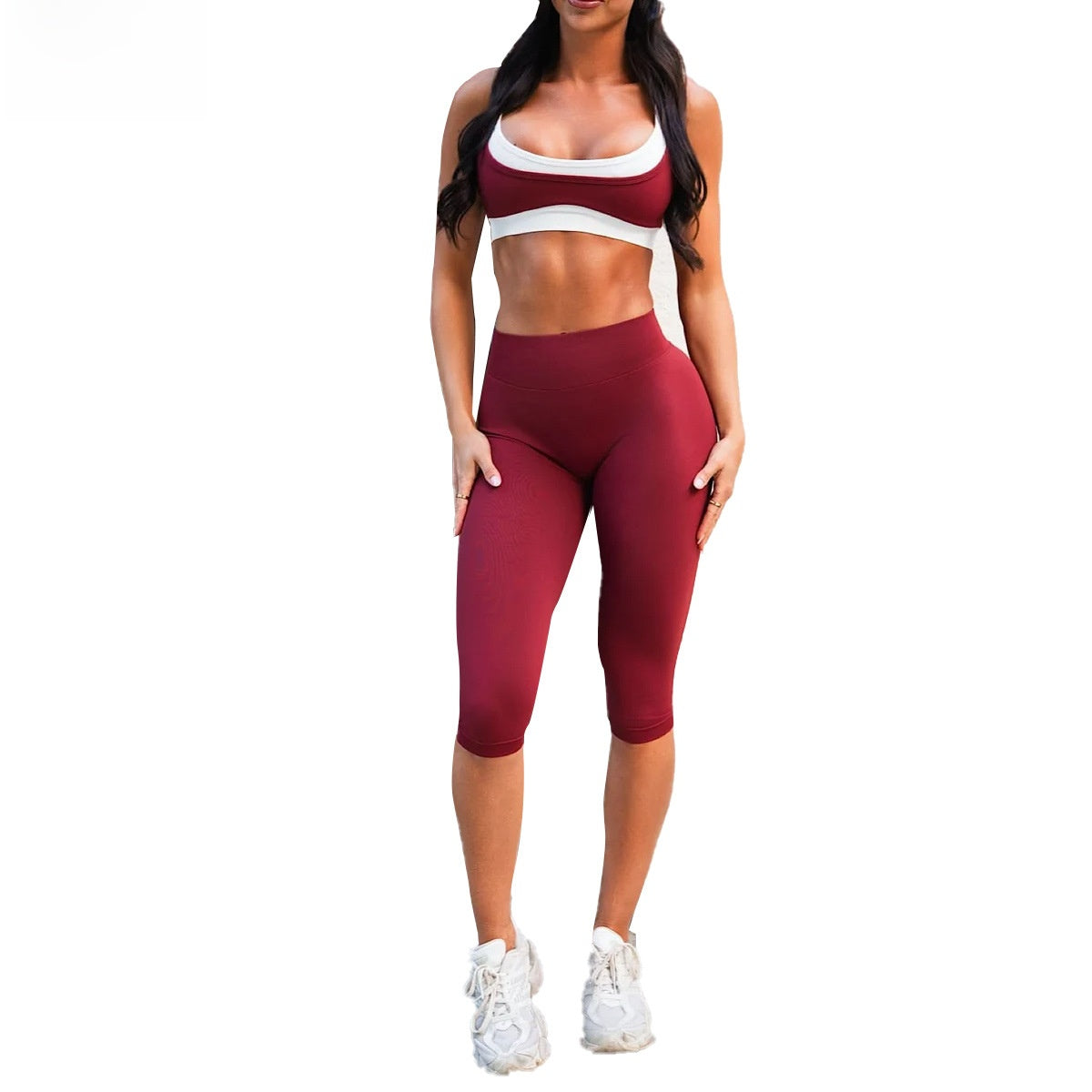 Color Block Sport Yoga Jumpsuit For Women With High Elasticity Nylon Fabric And Contrast Binding, Knee Length Design