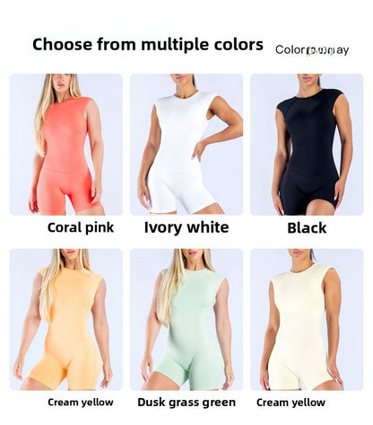 Women's Solid Color Nylon Rompers In Ivory With Short Sleeve And Pullover Design, Perfect For Yoga