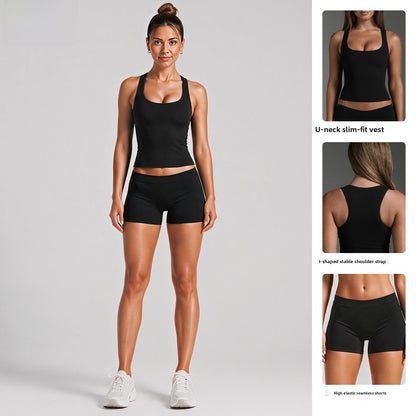 Sporty Yoga Shorts For Women In Stretchy Nylon Fabric, Sleeveless Design Perfect For Summer
