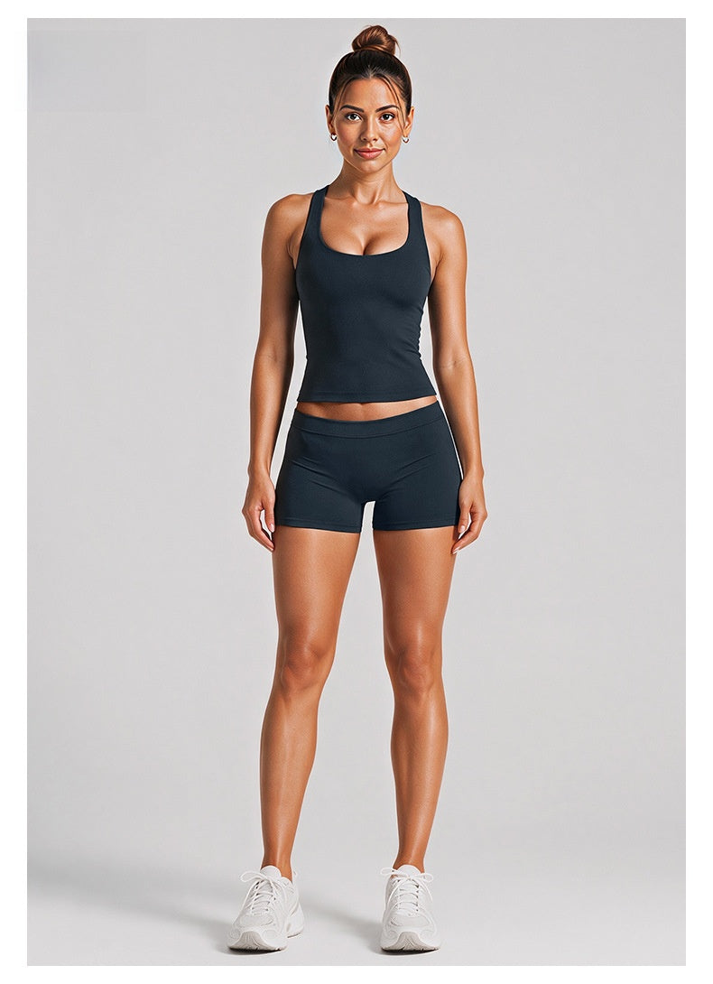 Sporty Yoga Shorts For Women In Stretchy Nylon Fabric, Sleeveless Design Perfect For Summer