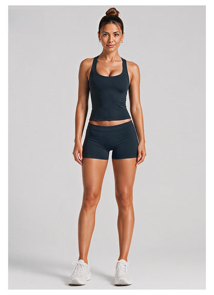 Sporty Yoga Shorts For Women In Stretchy Nylon Fabric, Sleeveless Design Perfect For Summer