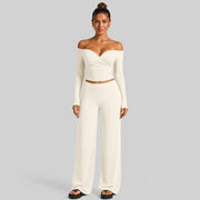 Long-sleeved Shirt + Straight-leg Pants, White-egg Color