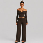 Long-sleeved Shirt + Straight-leg Pants, Brown with Knee Protection