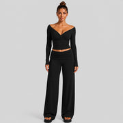 Long-sleeved Top + Cuffed-waist Trousers, Black