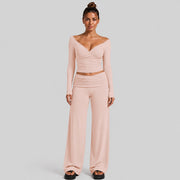 Long-sleeved Top + Cuffed-waist Long Pants, Grayish-pink