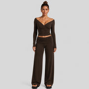 Long-sleeved Shirt + Cuffed-waist Long Pants, Brown with Knee Protection