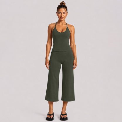 Sporty Calf-Length Yoga Jumpsuit For Women In Stretchy Nylon Fabric Featuring A Backless Design And Sleeveless Style