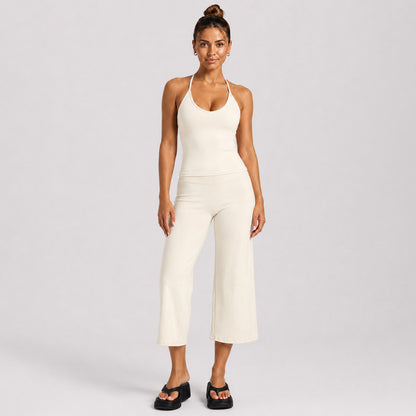 Sporty Calf-Length Yoga Jumpsuit For Women In Stretchy Nylon Fabric Featuring A Backless Design And Sleeveless Style