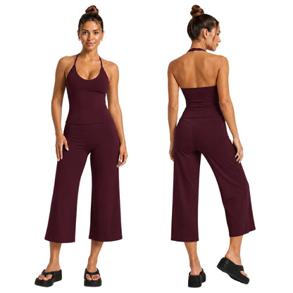 Sporty Calf-Length Yoga Jumpsuit For Women In Stretchy Nylon Fabric Featuring A Backless Design And Sleeveless Style