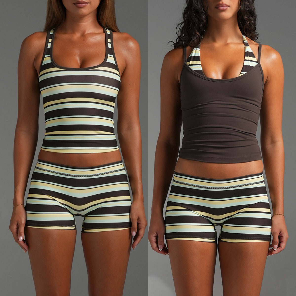 Women’s Sleeveless Halter Neck Sports Bra In Nylon Fabric Featuring Stripe Design