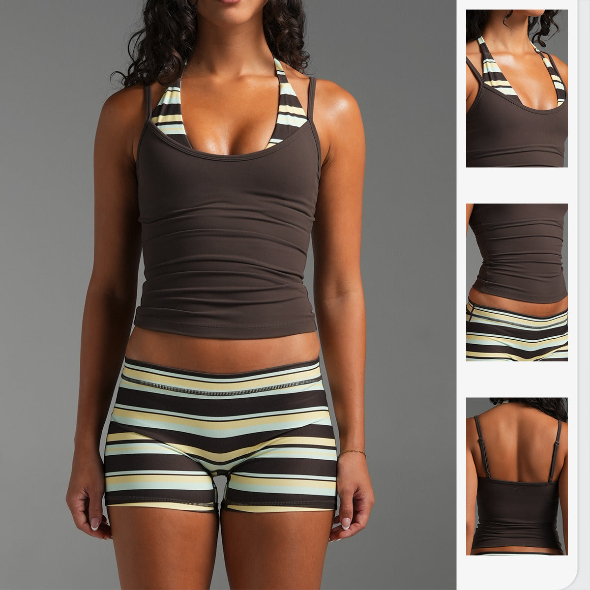 Women’s Sleeveless Halter Neck Sports Bra In Nylon Fabric Featuring Stripe Design
