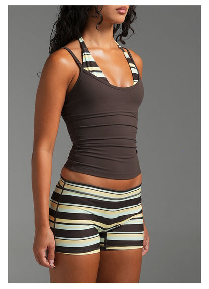 Women’s Sleeveless Halter Neck Sports Bra In Nylon Fabric Featuring Stripe Design