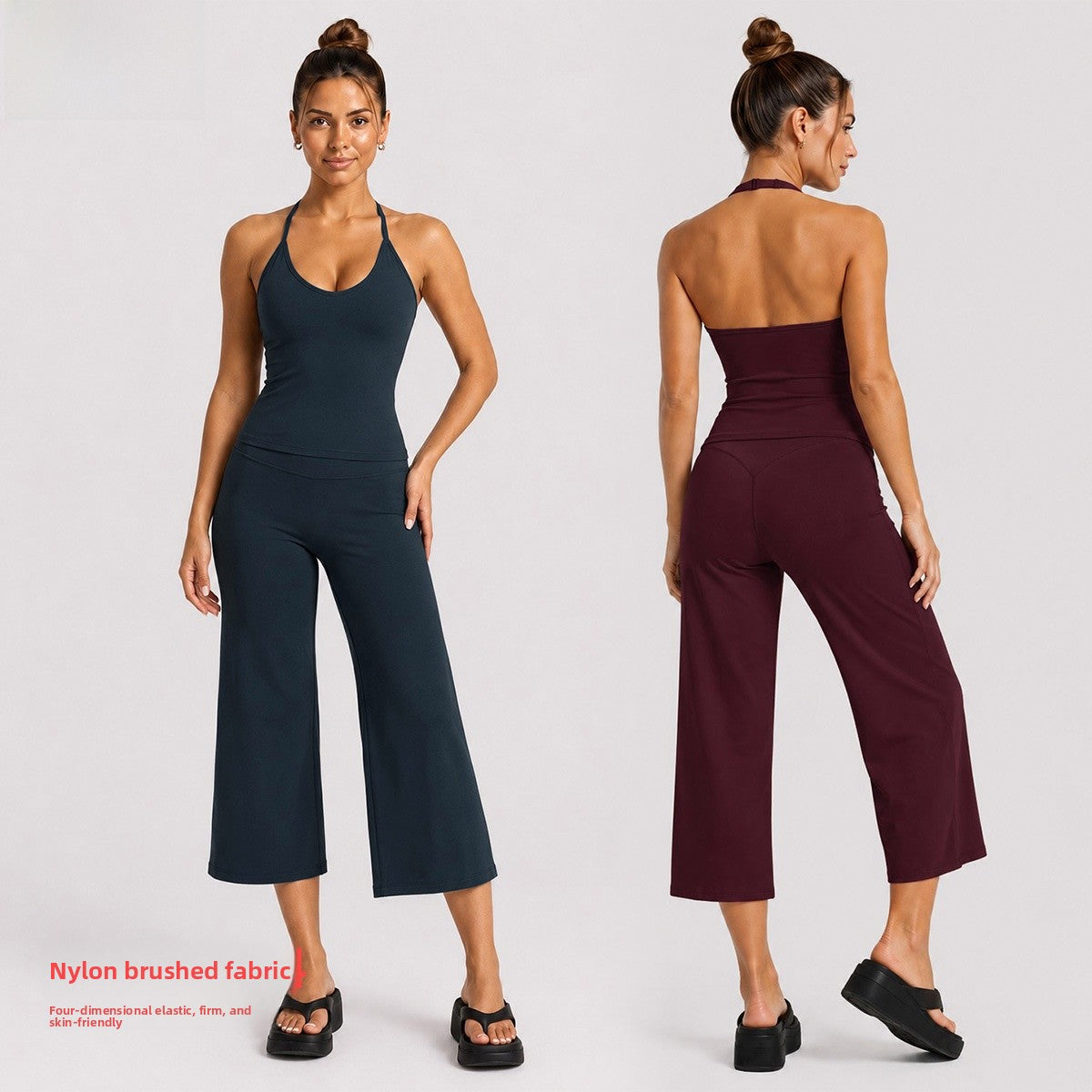 Sporty Calf-Length Yoga Jumpsuit For Women In Stretchy Nylon Fabric Featuring A Backless Design And Sleeveless Style