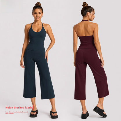 Sporty Calf-Length Yoga Jumpsuit For Women In Stretchy Nylon Fabric Featuring A Backless Design And Sleeveless Style