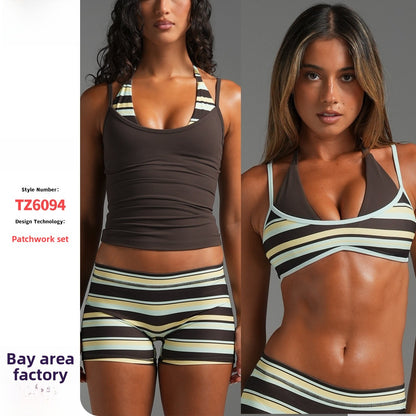 Women’s Sleeveless Halter Neck Sports Bra In Nylon Fabric Featuring Stripe Design