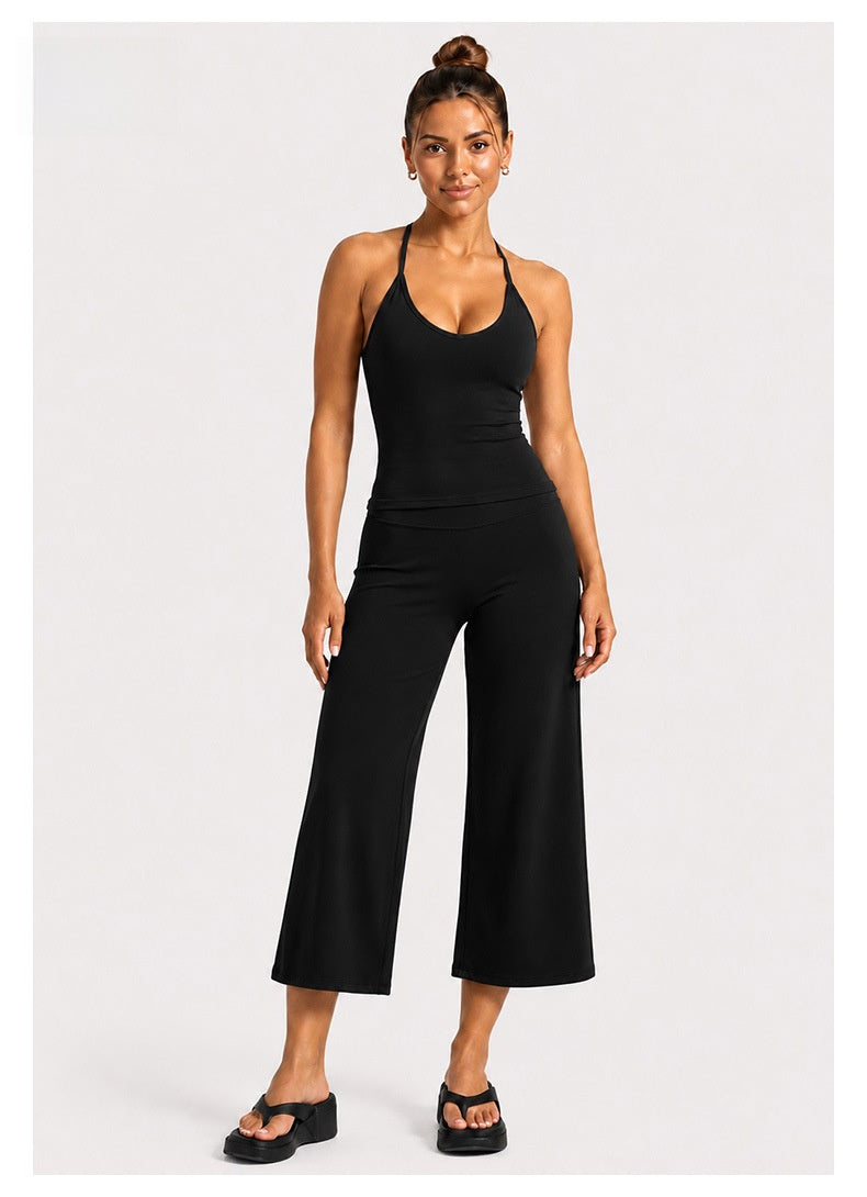 Sporty Calf-Length Yoga Jumpsuit For Women In Stretchy Nylon Fabric Featuring A Backless Design And Sleeveless Style