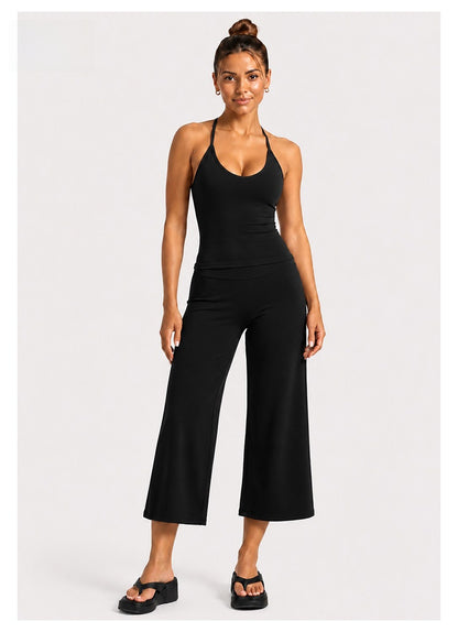 Sporty Calf-Length Yoga Jumpsuit For Women In Stretchy Nylon Fabric Featuring A Backless Design And Sleeveless Style
